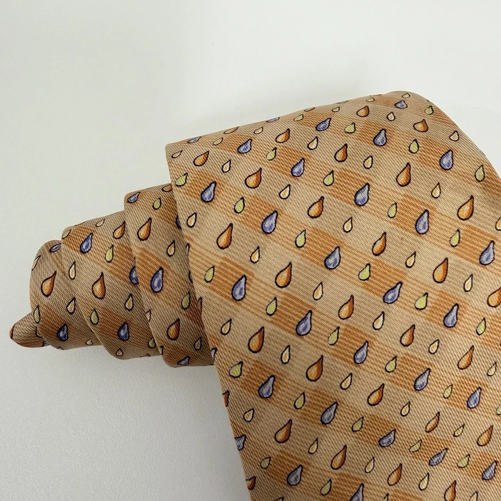 Hermes Mens Tie Rain Drops Orange 100% Satin Silk 7907 MA 3.5